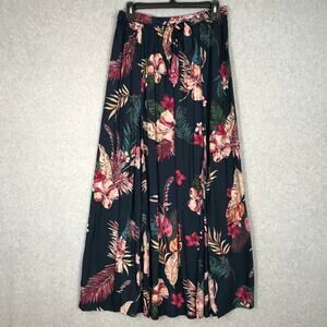 Patrons of Peace Skirt Womens Medium Black Tropical Maxi High Slits Pleated Tie